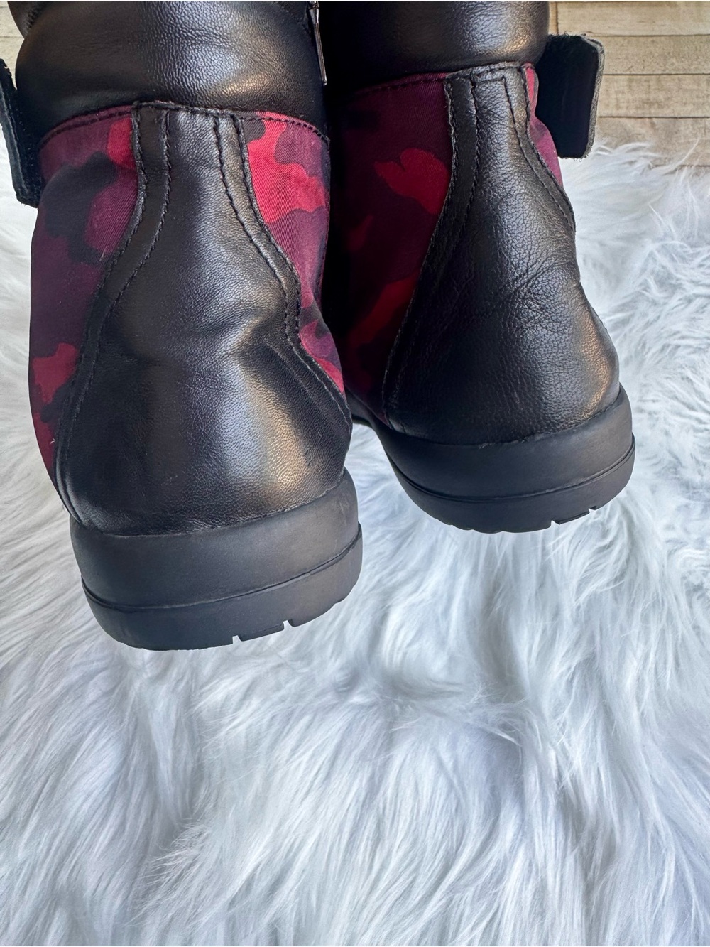 PRADA Women Black Leather Red Camo Textile Padded Collar Ankle Boots Sz 7.5 38 - Picture 8 of 17